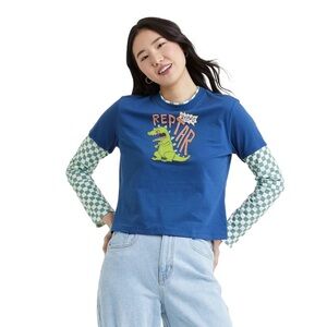 Rugrats Reptar Layered Long Sleeve Shirt Blue Checkerboard Nickelodeon M